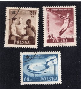 Poland 1955 20g, 40g & 60g Youth Games, Scott 699-701 CTO, value = 75c