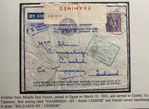 1943 Middle East Force Egypt Censored Air Letter  Cover to Cashel Ireland