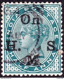 INDIA 1883 QV ½ Anna Blue-Green OHSM SGO39 FU