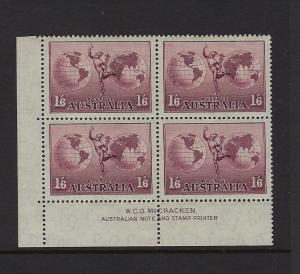 AUSTRALIA SCOTT #C5 AIR MAIL- BLOCK OF 4- PRINTING HOUSE ON SELVAGE MINT TOP LH