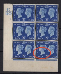 GB 1940 Centenary 2½d cyl 2 dot corner block incl r20/2 retouched neck unmount