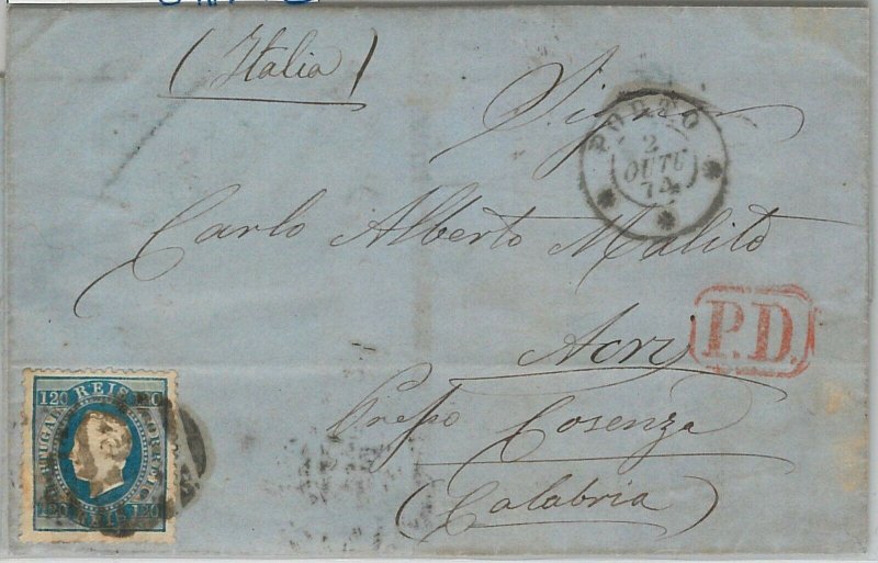 55873 - PORTUGAL - POSTAL HISTORY: AFINSA #44 d 12 1/2 on COVER to ITALY  1874