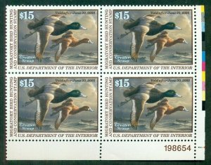 US #RW66 $15.00 Greater Scaup,  Plate No. Block of 4, NH, VF, Scott $175.00