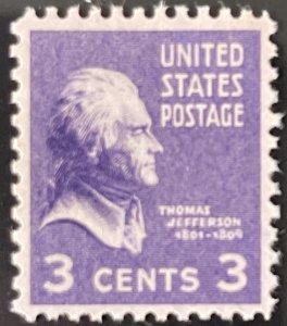 Scott #807 1938 3¢ Presidential Series Thomas Jefferson MNH OG F/VF