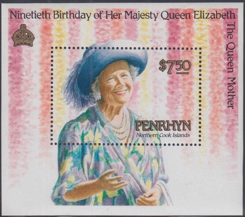 PENRHYN ISLAND Sc # 385 CPL MNH - SOUVENIR SHEET QUEEN MOTHER'S 90th BIRTHDAY