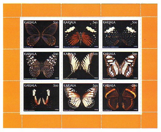 Karjala, 1998 Russian Local. Butterflies sheet of 9. Orange Border. ^