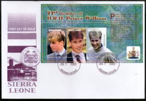 Sierra Leone 2003 Prince William 21st Birth Day Sc 2636 Sheetlet on FDC # 9375