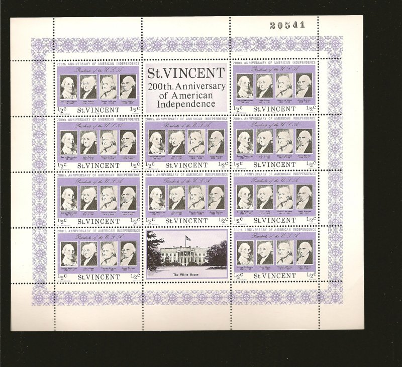 Saint Vincent 435 USA Bicentennial Sheet of 10 + 2 Labels MNH