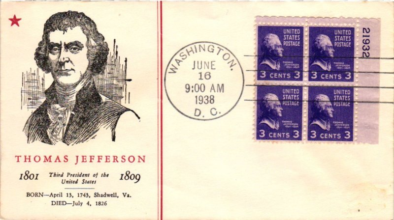 #807 Thomas Jefferson Prexie PLATE BLOCK – Linprint Cachet SC22