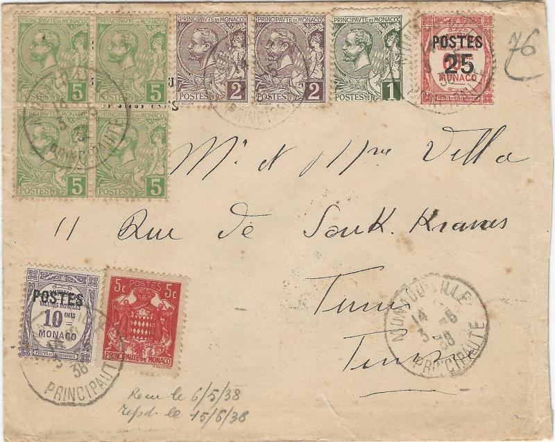 Monaco, 1938 Cover Franked with 10 Stamps, Sent to Tunis, Tunisia