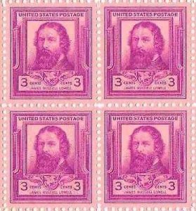 1940 Famous Americans James Russell Lowell Poet Block of 4 3c Sc#866, MNH, OG