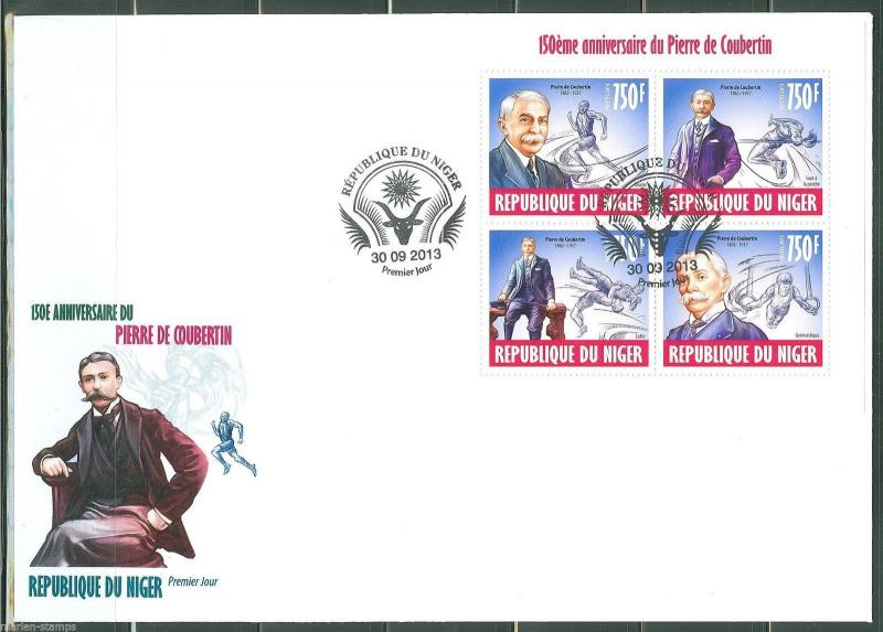 NIGER 2013 150th BIRTH ANNIVERSARY OF PIERRE de COUBERTIN OLYMPIC SHEET  FDC