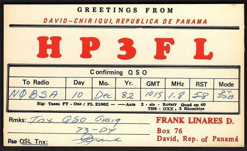 QSL QSO RADIO CARD HP3FL,David Chiriqui,Panama,Frank Linares D., (Q2620)