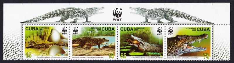 Hispaniola [C'u-b.a] WWF Cuban Crocodile Top Strip of 4v with WWF Logo