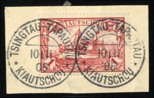 German Colonies, Kiauchau #19 Cat$82.50, 1901 1m carmine, used on piece