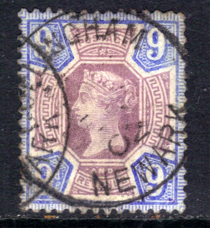 GB 1887 - 92 QV 9d Purple & Blue Jubilee Newark Postmark SG 209 ( M1355 )