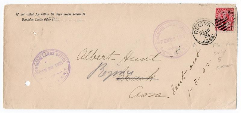 (I.B) Canada Postal : Regina Cover (Dominion Lands Office)