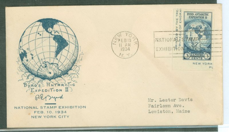 US 735a 1934 3c imperf single from the Farley/Byrd Expedition S/S on an addressed (typed) FDC with an unknown cachet