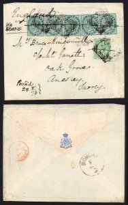 India QV Mixed Franking cover to the UK via Brindisi