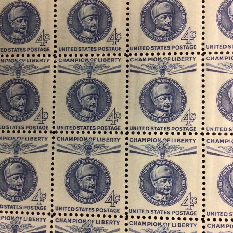 1165 Gustaf Mannerheim,  Champion of Liberty  MNH 4 c Sheet of 70 FV $2.80 1960