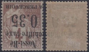 FRANCE NOSSI-BE 1891 POSTAGE DUE Sc J4a Yv TT4a INVERTED OVPT HINGED MINT €1,000