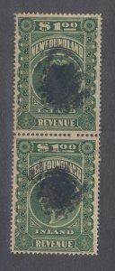 2x Newfoundland Victoria Revenue Stamps; Pair #NFR6-$1. Used Guide Val = $70.00