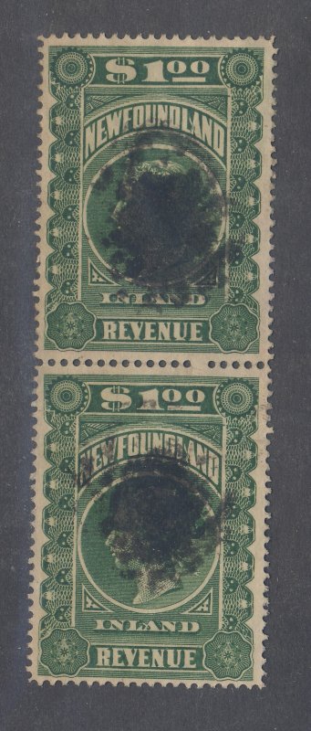2x Newfoundland Victoria Revenue Stamps; Pair #NFR6-$1. Used Guide Val = $70.00