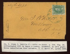 Confederate States 1 Used Tied by Columbia SC CCL on Cover LV4419