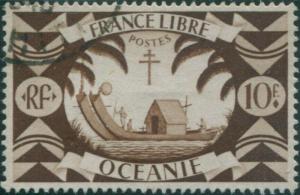 French Oceania 1942 SG159 10f brown Polynesian Canoe FU