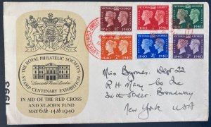 1940 London England First Day Cover FDC To New York USA Stamp Centenary