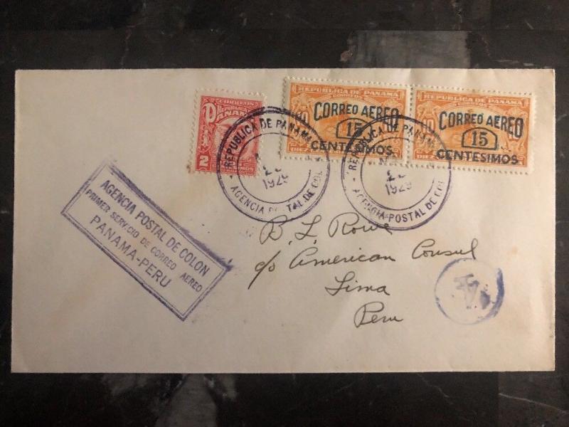 1929 Panama First Flight cover FFC to Us Consul Lima Peru