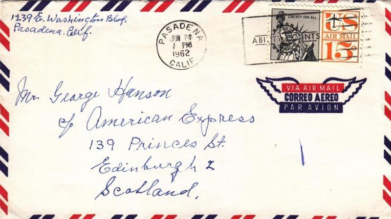 1962, Pasadena, CA to Edinburg, Scotland, Airmail, See Remark (29326) 