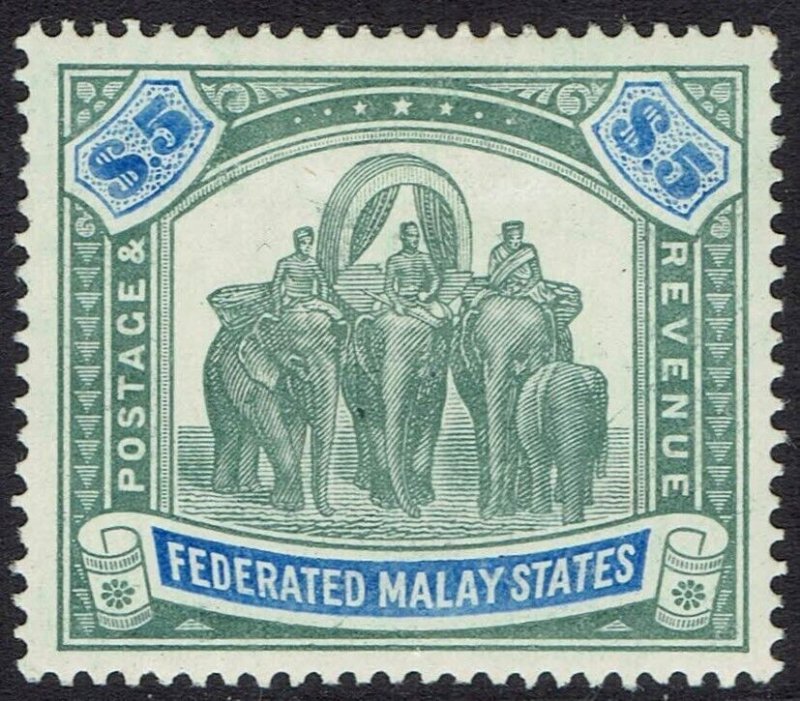 FEDERATED MALAY STATES 1904 ELEPHANTS $5 WMK MULTI CROWN CA