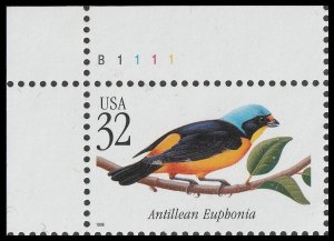 US 3222 Tropical Birds Antillean Euphonia 32c plate single UL MNH 1998