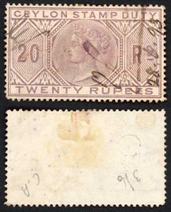 Ceylon BF56 20R wmk CA Stamp Duty