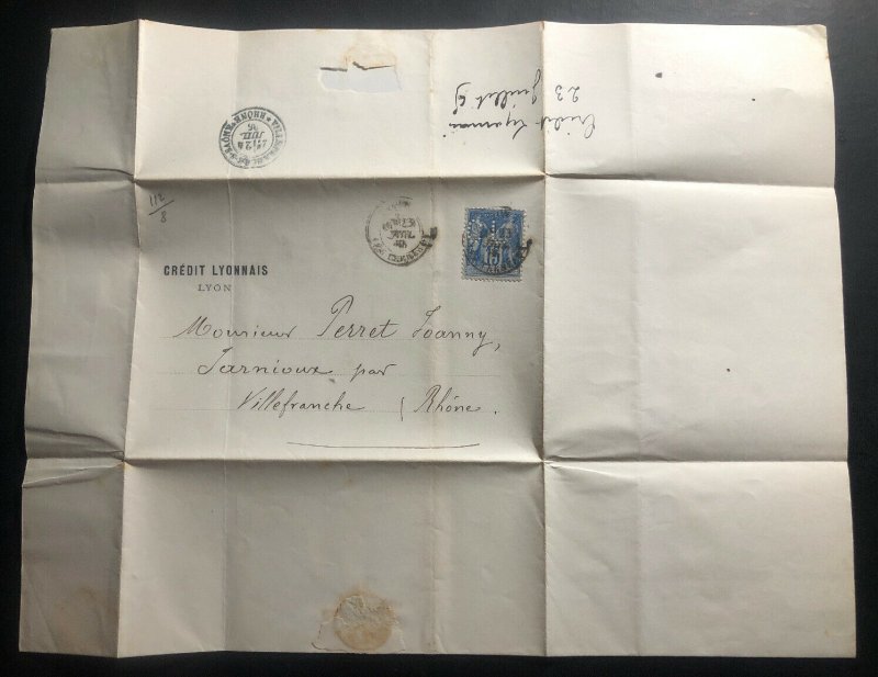 1885 Lyon France Letter Credit Bank Cover To Villefranche Perfin Stamp