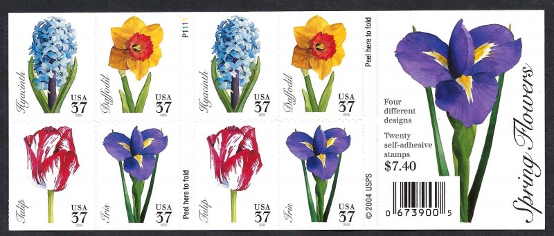 United States #3903b 37¢ Spring Flowers (2005). Double-sided booket of 20. MNH