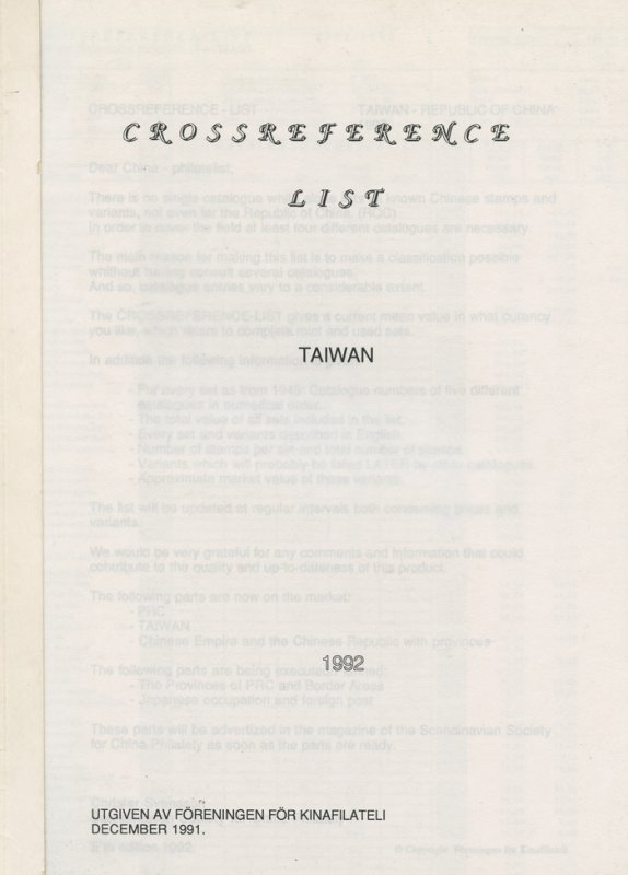 LITERATURE China-Taiwan 'Cross reference (Catalogue Number) list'. 
