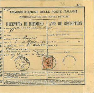 13865 - ITALIA REGNO: ANNULLO di BARGHE su RICEVUTA DI RITORNO 1899