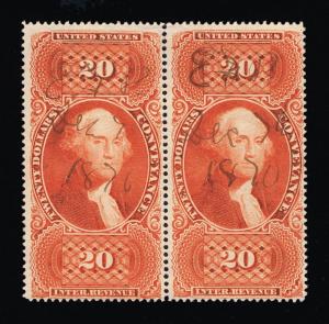 EXCEPTIONAL GENUINE SCOTT #R98c PAIR 1862-71 $20 REVENUE - CONVEYANCE 1870 USAGE