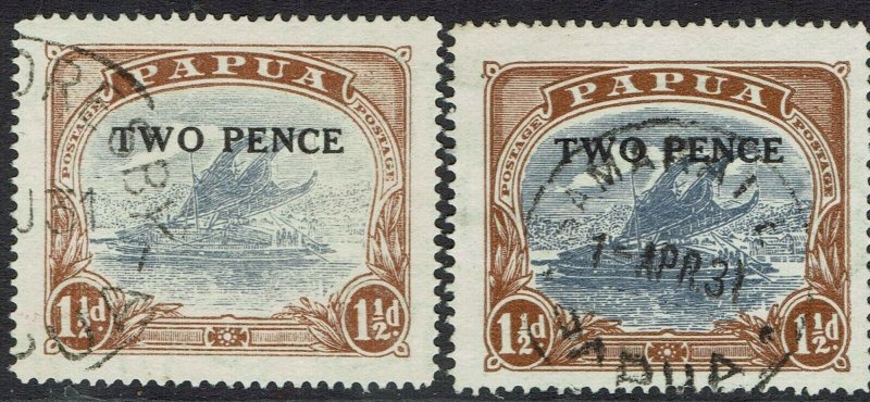 PAPUA 1931 LAKATOI TWO PENCE ON 11/2D BOTH PRINTINGS USED