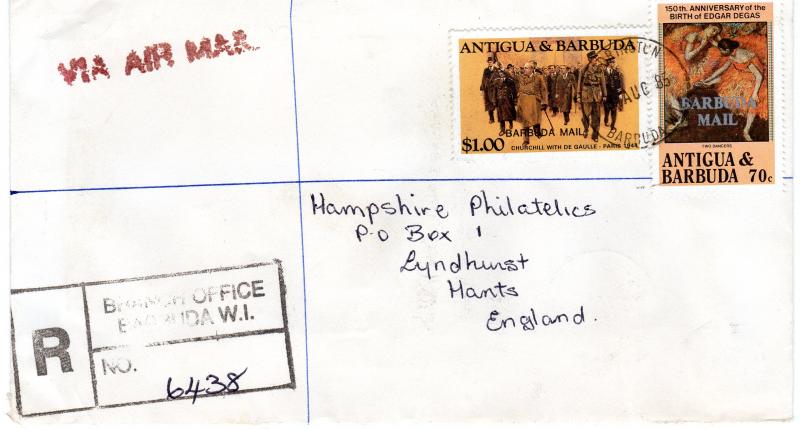 Barbuda 1985 Churchill/De Gaulle Registered Letter to UK Postal History