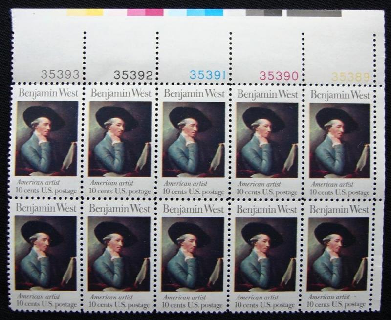 US #1553 MNH  Plate Block of 10, Benjamin West SCV $2.10 L10