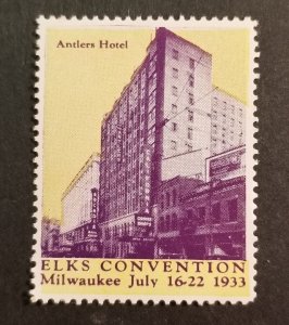 1933 ELKS CONVENTION Milwaukee Wisconsin Poster Cinderella Stamp MNH OG z1947