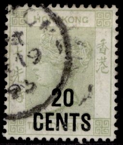 HONG KONG QV SG48, 20c on 30c yellowish green, USED. Cat £15.