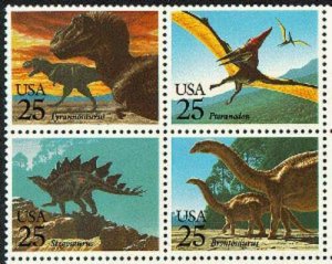 1989 Prehistoric Animals Block Of 4 25c Postage Stamps, Sc# 2422-2425, MNH, OG