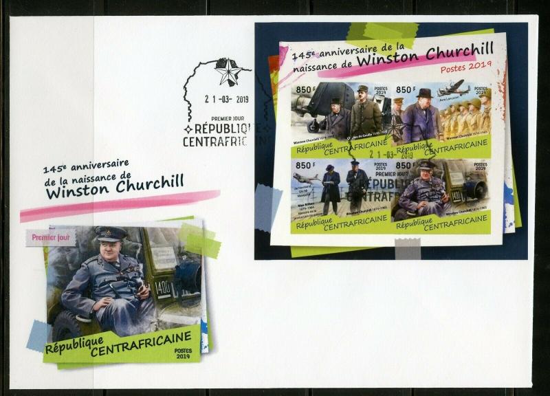 CENTRAL AFRICA 2019 145th BIRTH OF WINSTON CHURCHILL IMPERF SHEET FDC