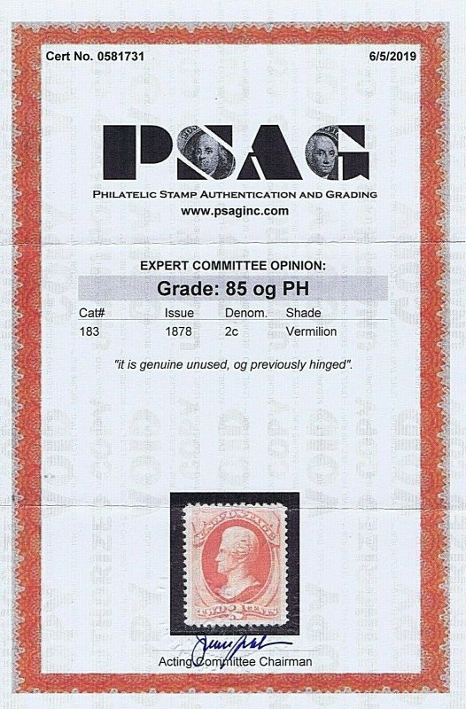 SC# 183 UNUSED ORIG GUM, PREV HINGED, 2C JACKSON 1878, 2019 PSAG CERT GRADED 85 