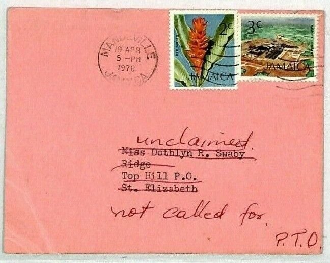 JAMAICA Unclaimed *Top Hill Post Office* CDS 1978 Card RETOUR Mandeville CY94