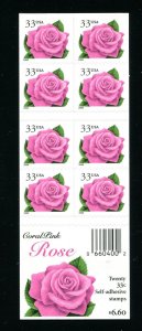3052Ef Pink Rose Complete Booklet of 20 33¢ Stamps MNH S111  2000